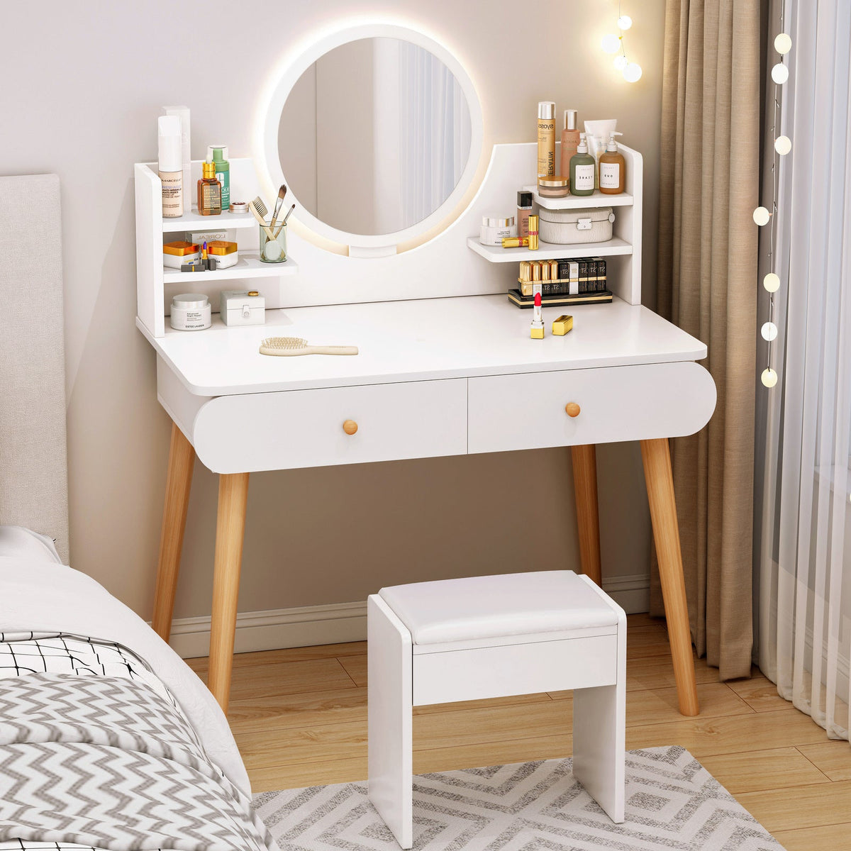 Schminktisch Beauty mit LED-Spiegel und Hocker, 80 cm