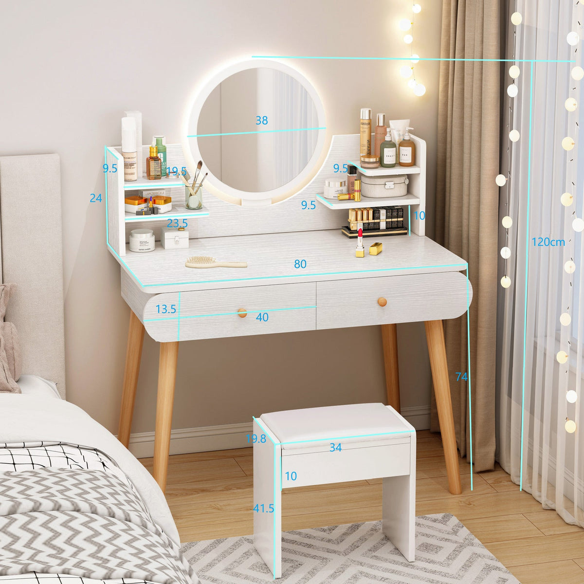 Schminktisch Beauty mit LED-Spiegel und Hocker, 80 cm