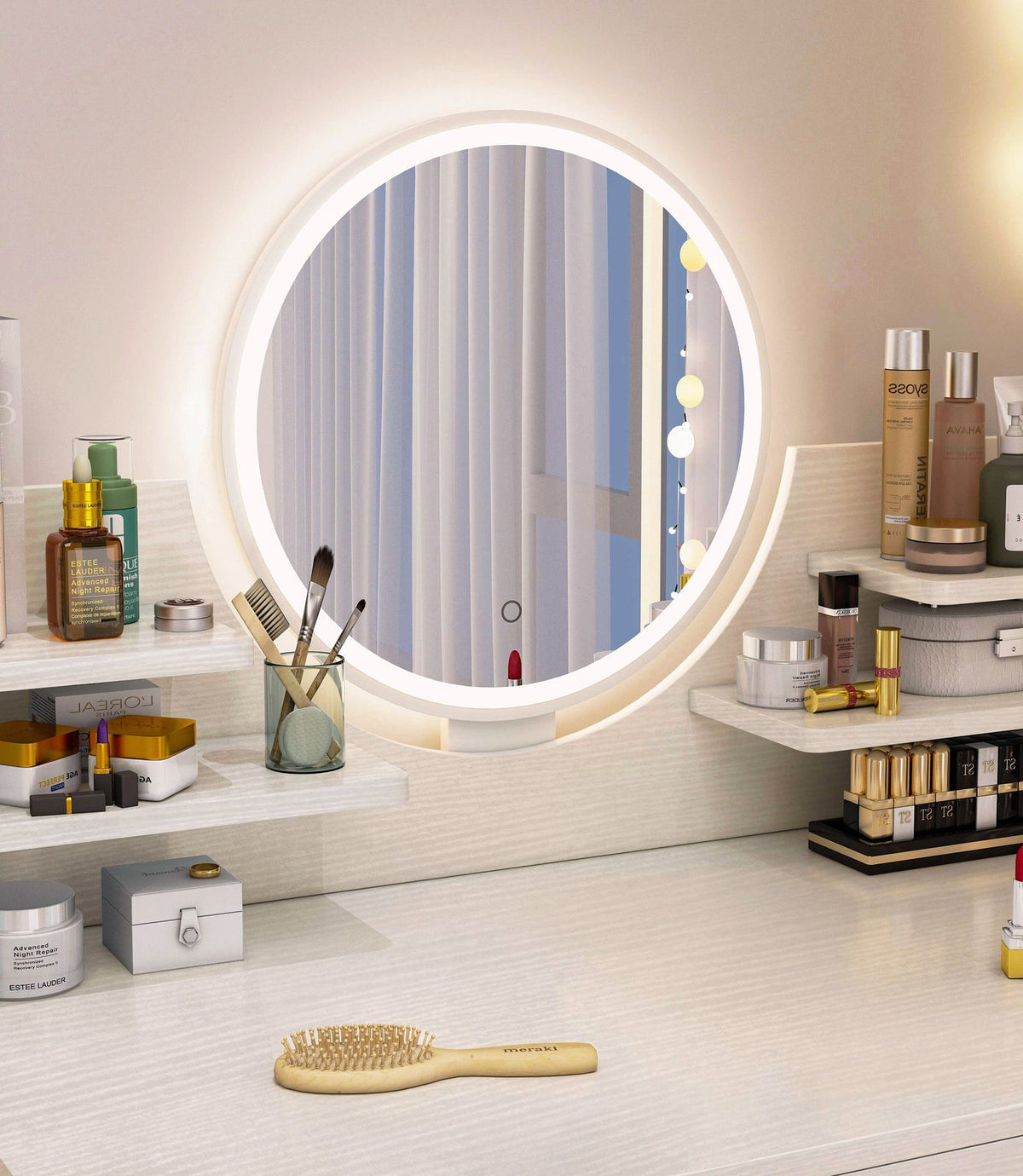 Schminktisch Beauty mit LED-Spiegel und Hocker, 80 cm