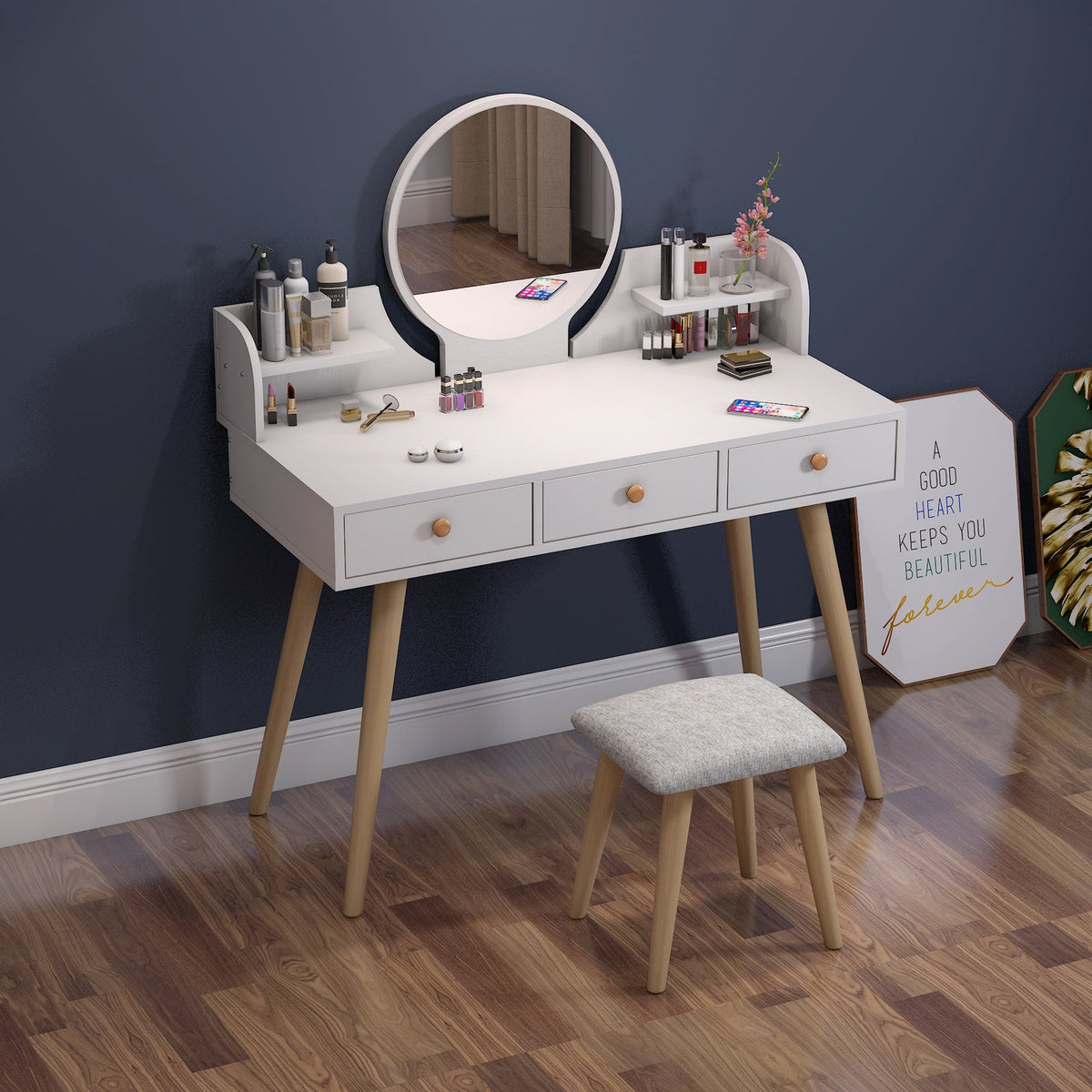 Schminktisch Queen mit Spiegel und Hocker, 100 cm