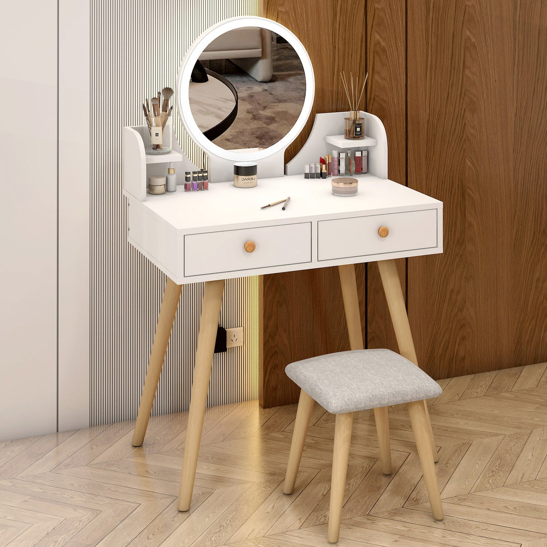 Schminktisch Princess mit LED-Spiegel und Hocker, 60 cm